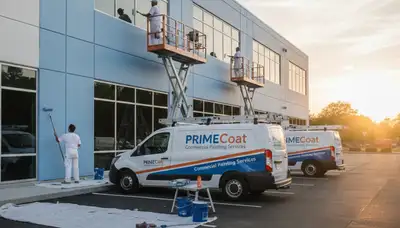 Professional commercial painters working on office exterior in Columbus, OH