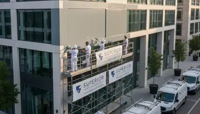 Professional commercial painters in Columbus, OH applying fresh exterior paint to a business building