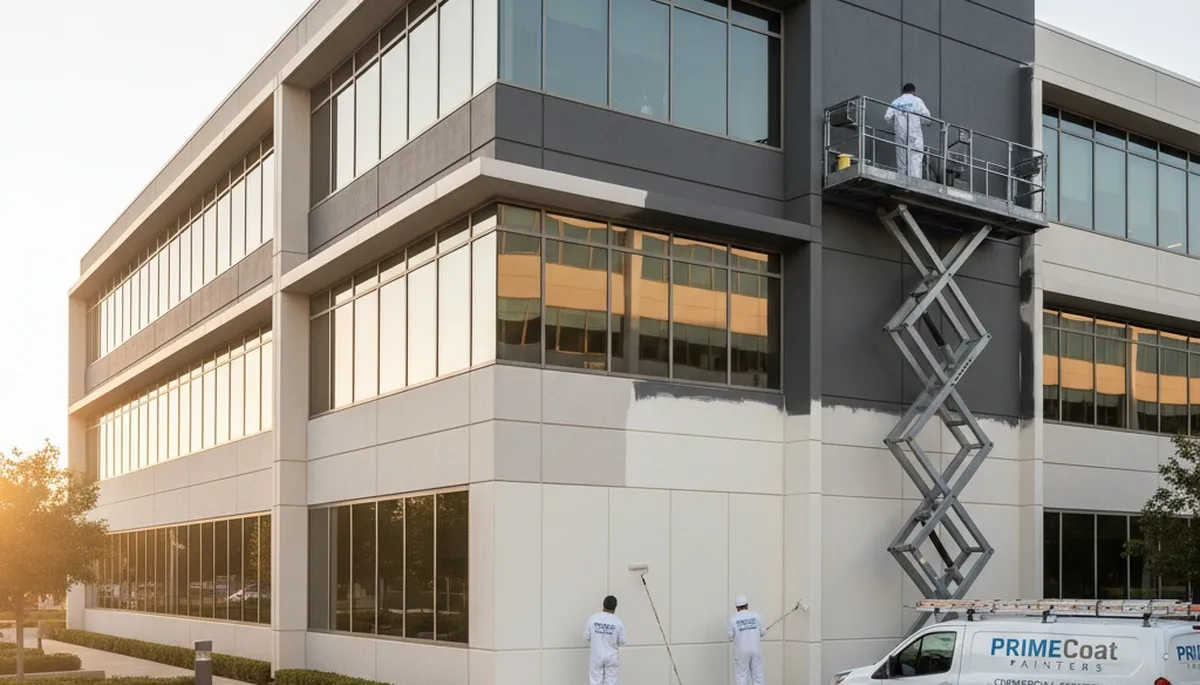 Professional commercial painters working on an office exterior in Columbus, OH