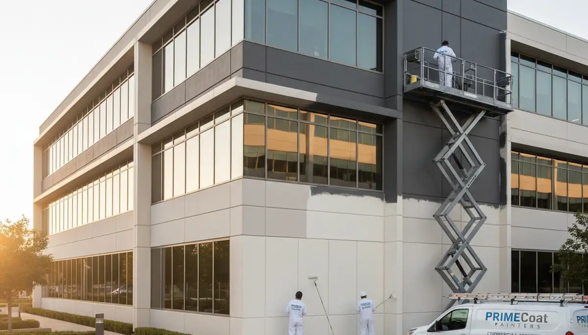 Professional commercial painters working on an office exterior in Columbus, OH