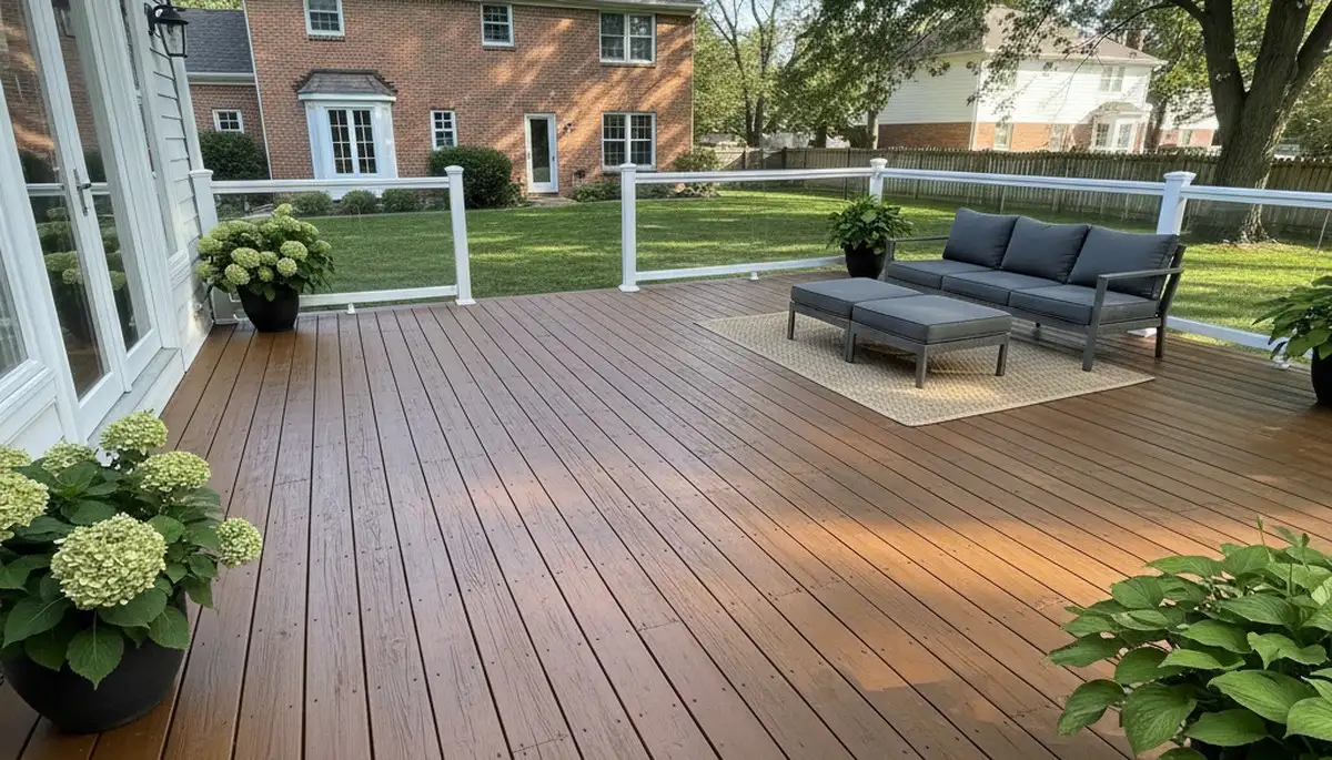 Finished deck staining in Columbus OH showcasing rich wood color and durable weatherproof finish