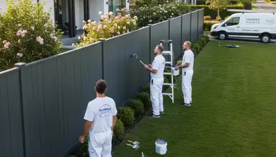 Professional fence painters applying durable wood stain in Columbus, OH backyard