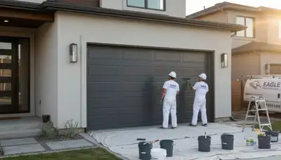 Professional painters refinishing a residential garage door in Columbus, OH for improved curb appeal
