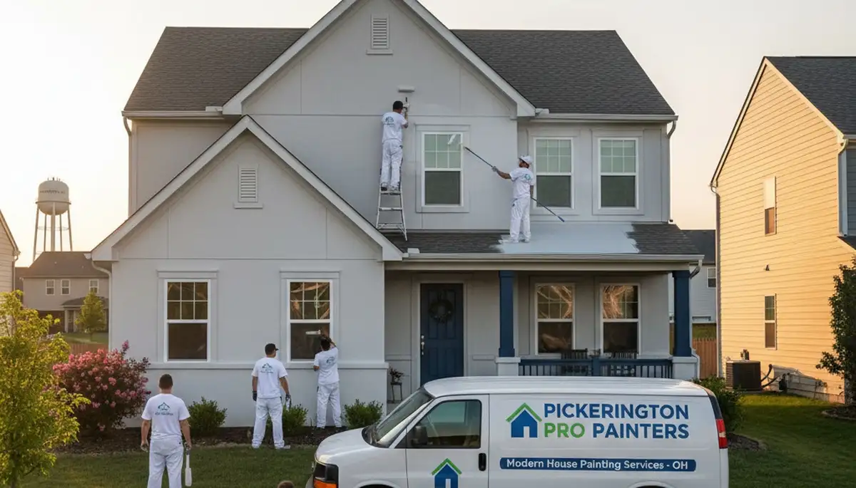 Professional house painters in Columbus, OH painting a home exterior with brushes and ladder