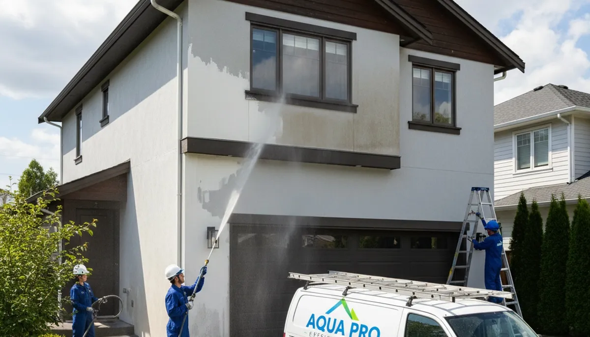 Professional pressure washing a Columbus OH home exterior for mildew and grime removal