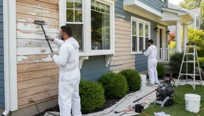Painter preparing home exterior for repainting in Columbus, OH with professional surface prep services